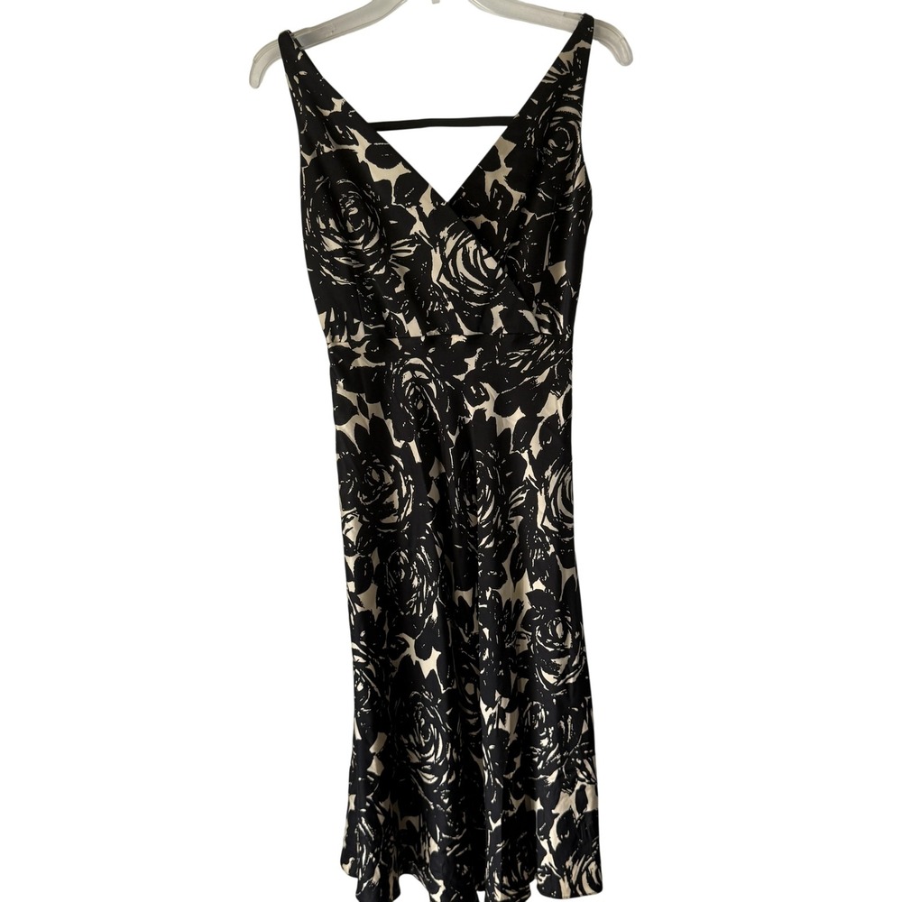 William B Dress Womens 4 Black White Floral Silk Sleeveless V Neck Made USA‎